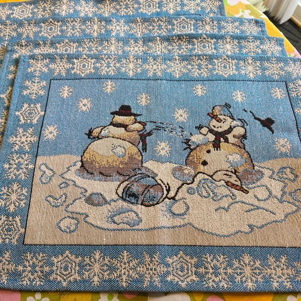 Snowman Snowball Fight Tapestry Placemats Set of 4 Blue Woven Snowflake Border